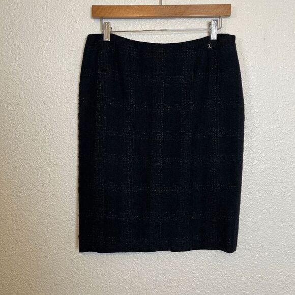 Chanel Black Tweed Wool Linen Silk Lined Pencil Straight Skirt Women's FR 40 US - Picture 1 of 7